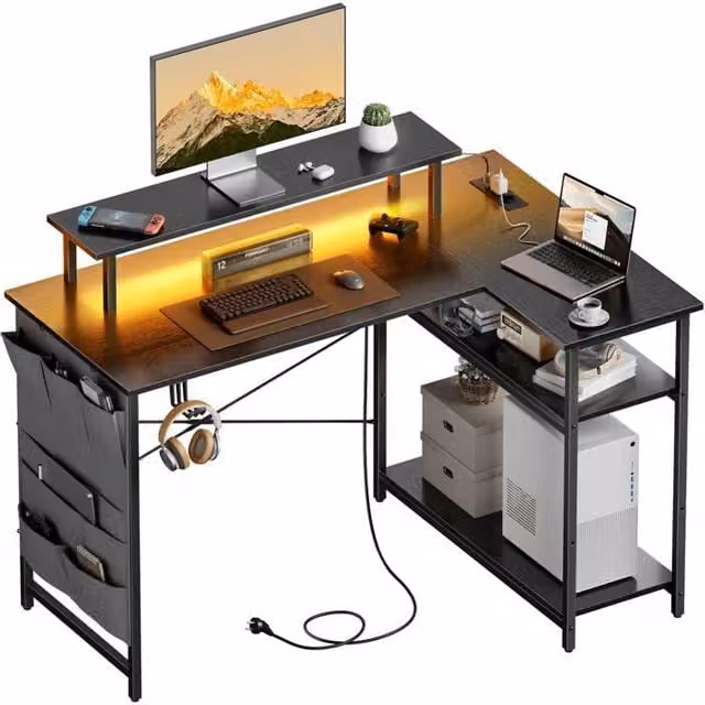 Escritorio de esquina ergonómico Ecofurnix con soporte para monitor y toma USB integrada en color negro An/P/Al: 110 x 80 x 74 cm