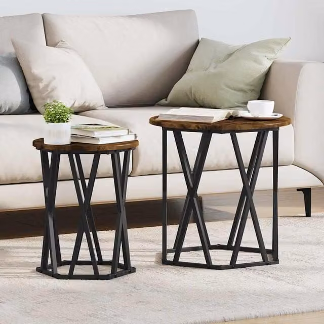 Mesa de café moderna Maison Exclusive de 2 unidades en roble ahumado y metal, forma redonda, An/P/Al: 50 x 50 x 50 cm