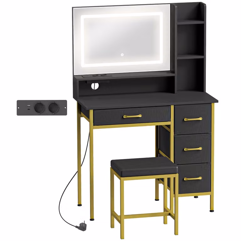 Tocador de maquillaje Hollywood LED Homcom en negro y dorado con acabado mate, An: 88 cm, P: 40 cm, Al: 134 cm