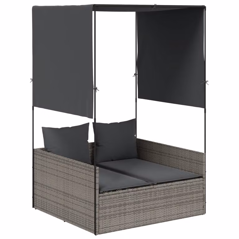 Tumbona doble con techo y cortinas vidaXL en ratán sintético gris para jardín