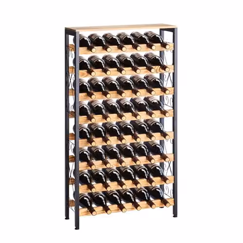 Botellero VEVOR independiente para 48 botellas con 8 niveles, fabricado en metal y madera de pino, color negro, An/P/Al: 66 x 23,5 x 119 cm