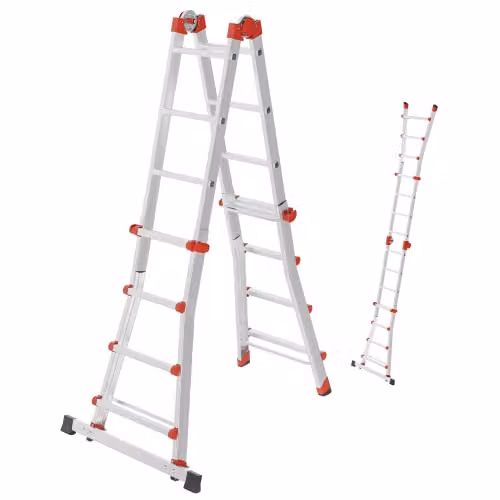 Escalera multifunción de aluminio Hailo M80 color plata, modelo plegable con altura de trabajo de 4,70 m y capacidad de hasta 150 kg