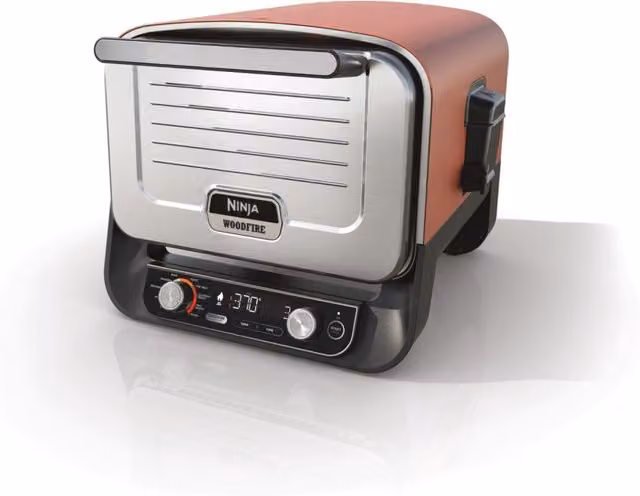 Barbacoa y parrilla exterior Ninja Woodfire OO101EU eléctrica con 8 programas, negro, rojo y plata