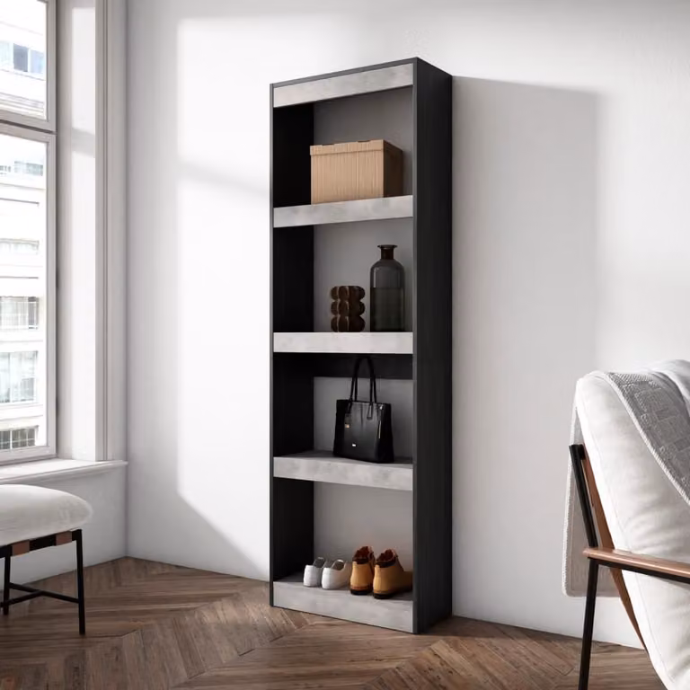 Librería estantería SKRAUT HOME con efecto madera y cemento en gris y negro para salón, comedor u oficina, An/P/Al: 60 x 25 x 186 cm