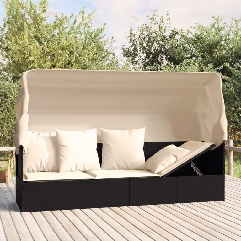 Sofá tumbona de jardín Maison Exclusive con toldo y cojines en ratán sintético y acero, disponible en blanco o negro