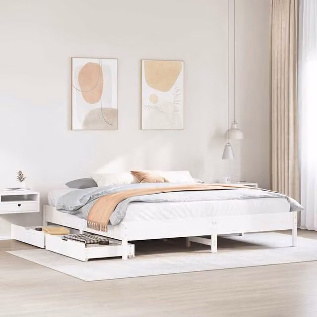 Cama Maison Exclusive de madera maciza de pino blanca con cajones An/P/Al: 180 x 200 x 36,5 cm