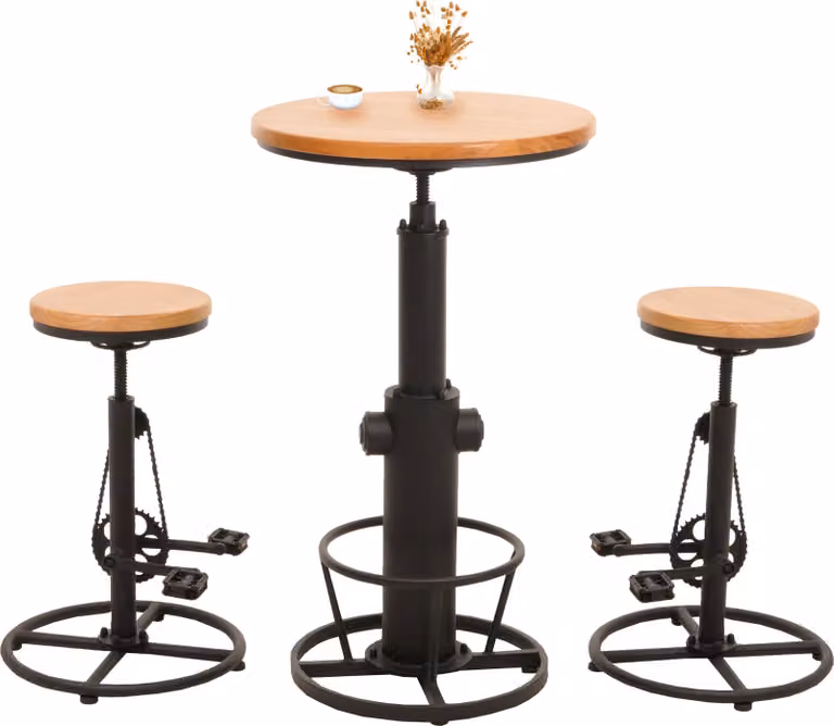 Mendler Conjunto de mesa de bar y 2 taburetes giratorios HWC-N20 de estilo industrial con madera de pino y metal en color negro y marrón