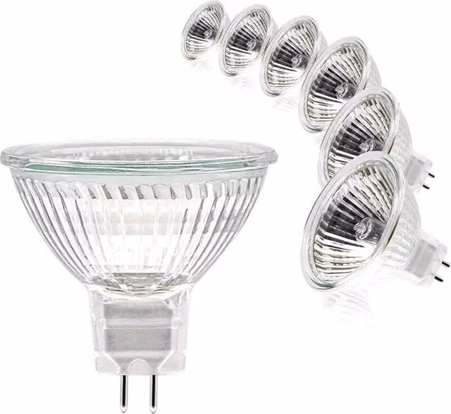 Pack de 6 bombillas halógenas ODIPIE MR16 de 20 W, 12 V, con casquillo GU5.3, regulables y luz blanca cálida de 2700 K con cubierta de cristal transparente