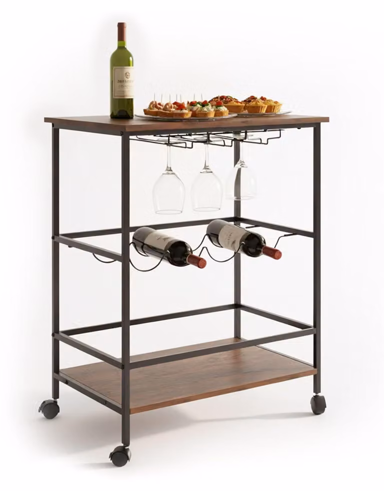 Vinoteca moderna Northix con estructura de hierro y ruedas giratorias en color marrón mate
