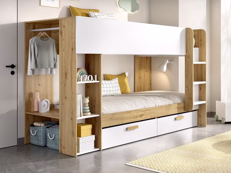 Litera de dos niveles OSANA con almacenamiento, armario y colchón de espuma, diseño escandinavo en blanco y beige, An/P/Al: 90 x 200 cm