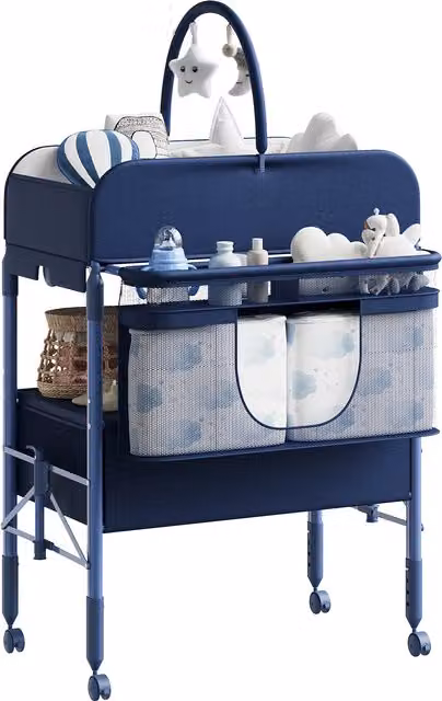 Mesa de cambio plegable para bebés ACEKOOL con 2 cajones, 4 niveles de altura, ruedas con bloqueo, cinturón de seguridad, medidor de altura y almohadilla impermeable, color azul