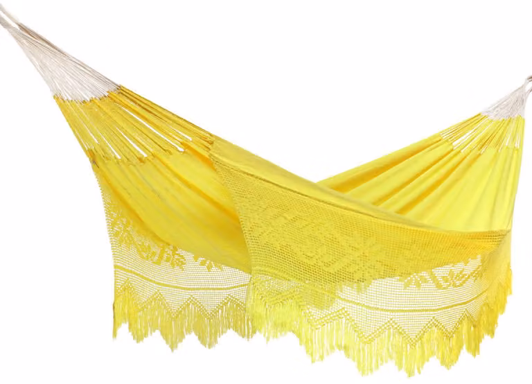 Hamaca del sol de diseño geométrico en color amarillo para adultos con tejido de acrílico teñido en solución para jardín o salón