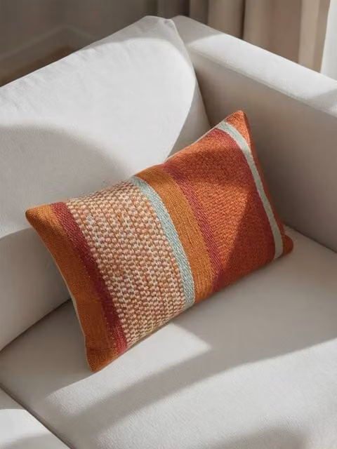 Cojín Api de Kenay Home con diseño de rayas en colores fucsia, naranja y azul, de algodón y funda lavable, An/P/Al: 40 x 40 x 40 cm