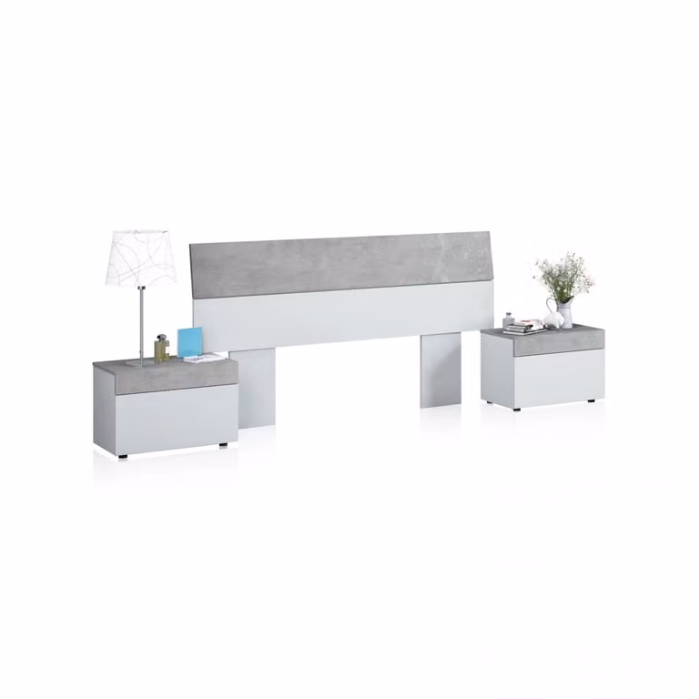Conjunto de cabecero con patas y 2 mesitas con cajón Axel de DUEHOME en blanco mate y gris cemento, An/P/Al: 176 x 96,5 x 40 cm