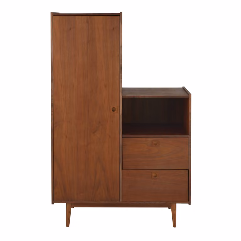 Armario vintage de madera con una puerta corredera y dos cajones de Maisons du Monde en color marrón nogal