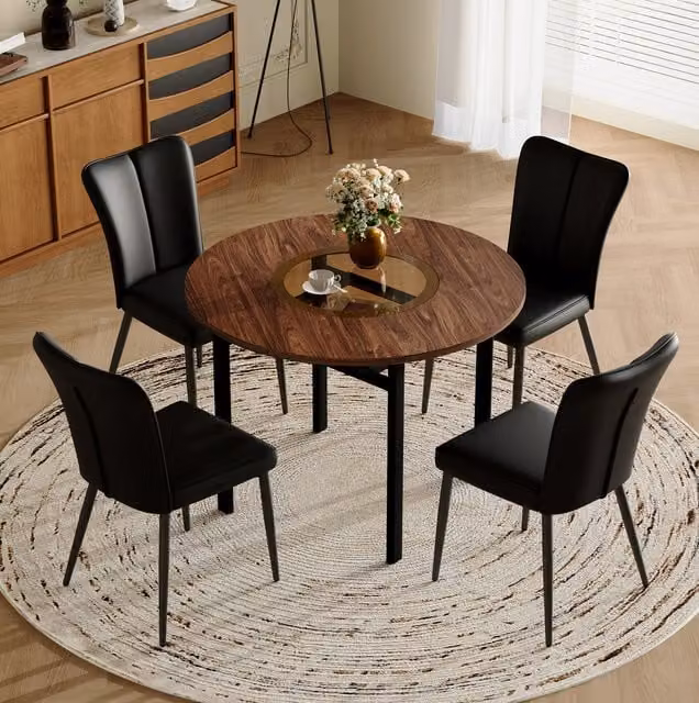 Conjunto de comedor BEAOK con mesa redonda de MDF y cristal y 4 sillas, color marrón y negro