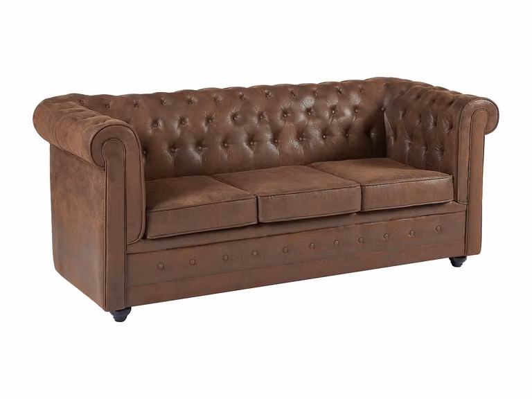 Sofá cama Chesterfield de 3 plazas en microfibra color marrón con función de cama y fundas extraíbles VENTE-UNIQUE