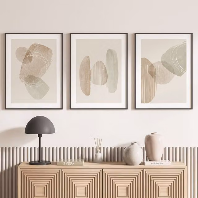 Juego de 3 pósteres trípticos Lumalea con diseño abstracto y urbano en color beige, An/P: 21 x 29,7 cm