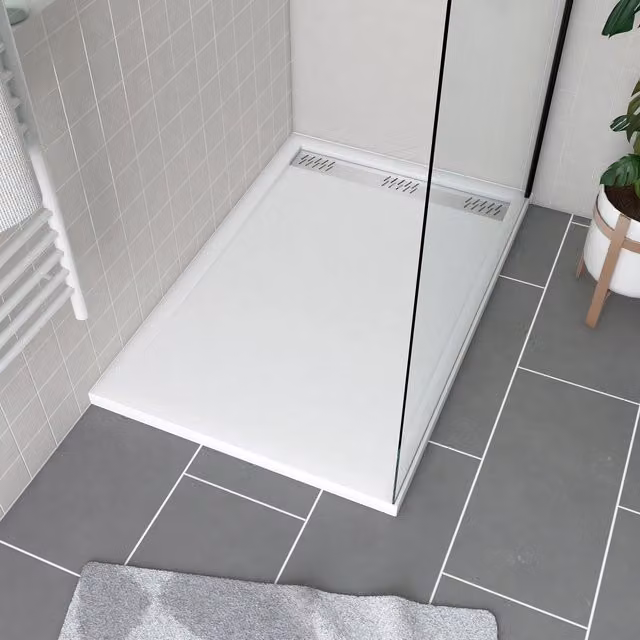 Plato de ducha rectangular Aurlane de acrílico blanco con rejilla lineal cromada, An/P/Al: 80 x 120 x 4 cm