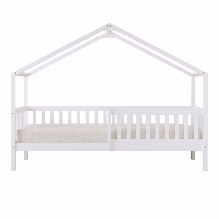 Cama cabaña Sunny de madera de pino para niños en color blanco, estilo escandinavo, An/P/Al: 90 x 200 x 156,5 cm