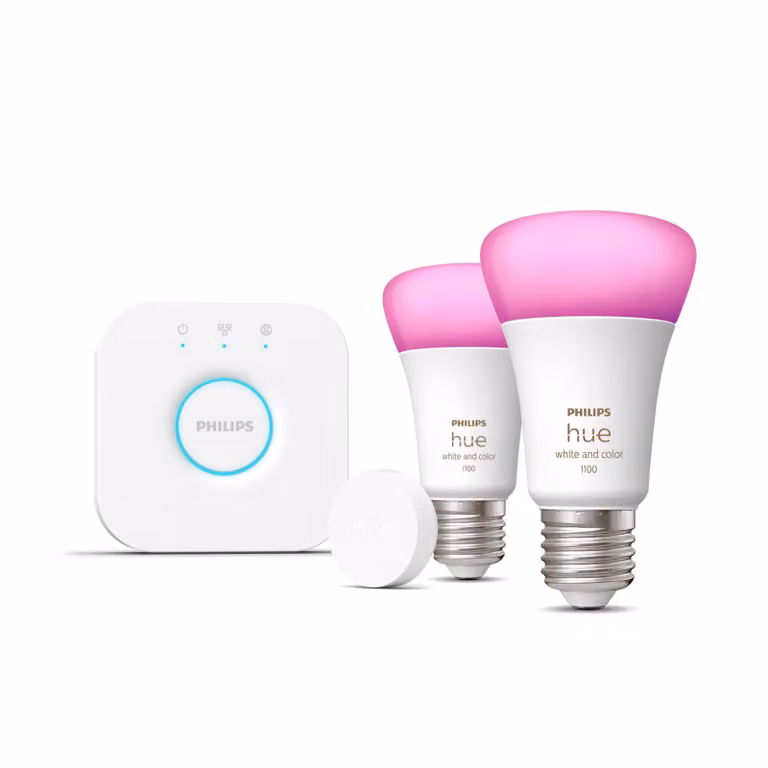 Kit de inicio Philips Hue White & Color Ambiance con 2 bombillas inteligentes LED E27 de 1100 lúmenes y botón inteligente de escenas