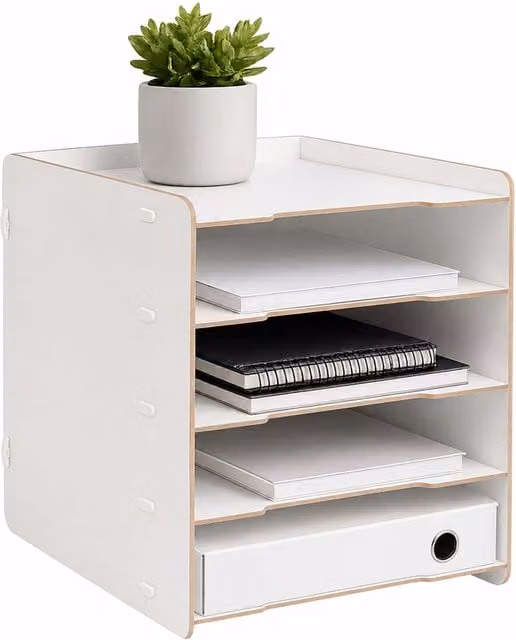 Organizador de documentos A4 para escritorio Relaxdays, 5 compartimentos, madera, blanco, An/P/Al: 29,5 x 25 x 31,5 cm