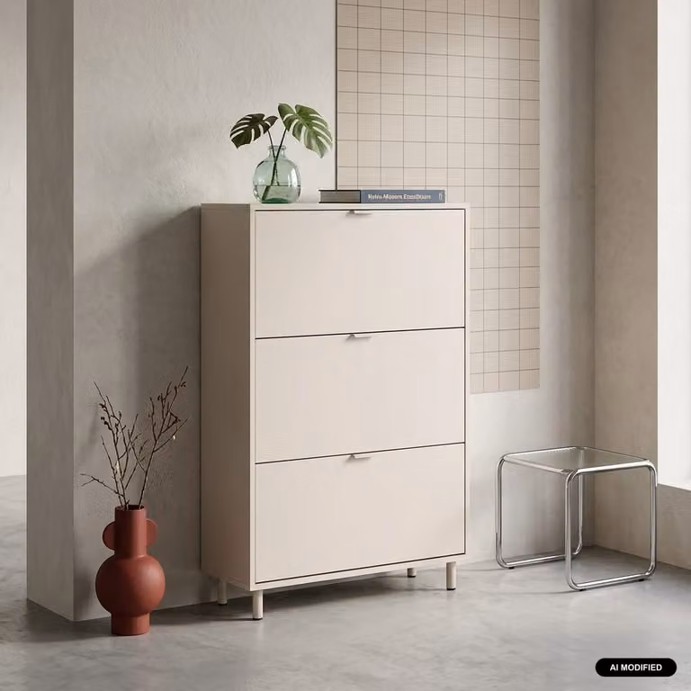 Zapatero SWEEEK de madera y metal con compartimentos basculantes, beige, An/P/Al: 80 x 26 x 132 cm