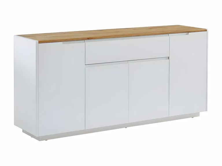 Aparador AMANI de estilo minimalista con 4 puertas y 1 cajón en MDF lacado blanco y roble, An/P/Al: 160 x 40 x 76 cm