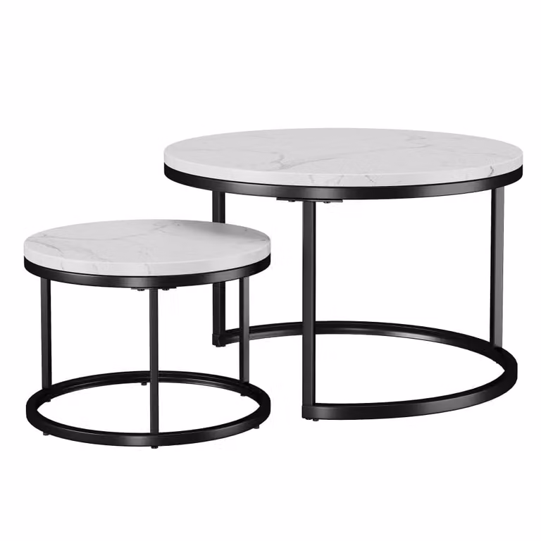 Lote de 2 mesas bajas nido redondas OKWISH modernas con estructura de metal y tablero de MDF brillante en blanco, negro y dorado, An/P/Al: 70 x 70 x 45 cm
