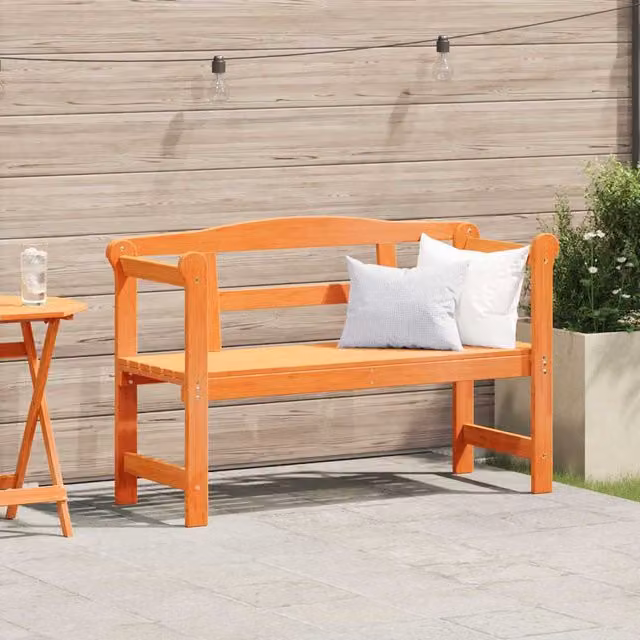 vidaXL Banco de exterior de madera de pino para 2 personas, color marrón, con reposabrazos, An/P/Al: 119 x 44 x 76 cm