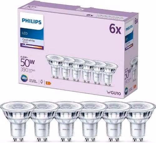 Pack de 6 focos LED Philips GU10 de 50W con luz blanca fría