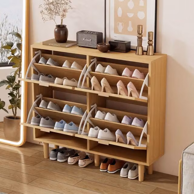 Zapatero Kellany de Madera y Ratán con 4 Cajones Abatibles y Tiradores Metálicos, Estilo Rústico, Color Marrón, An/P/Al: 100 x 25 x 90 cm