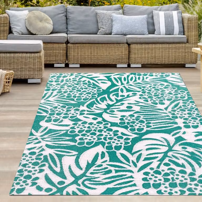 Alfombra de exterior Teppich-Traum con diseño floral en color petróleo y blanco, An/P: 150 x 220 cm