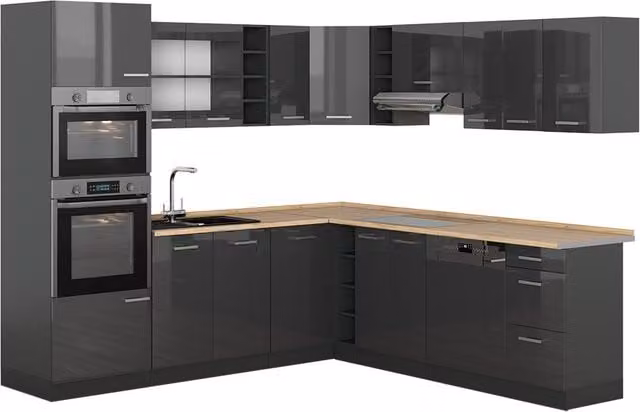 Cocina esquinera Vicco R-Line en color antracita alto brillo y gris sin encimera