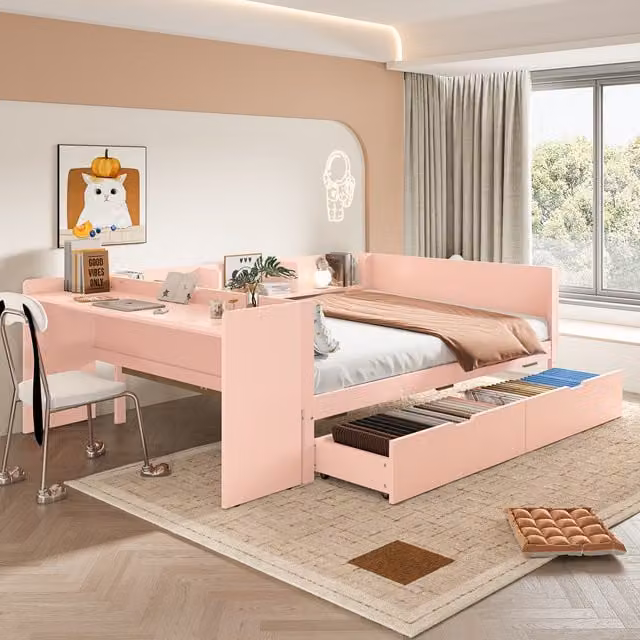 Cama doble Mivray en pino y aglomerado color rosa con escritorio, estantes y 2 cajones, An/P/Al: 200 x 140 x 105 cm