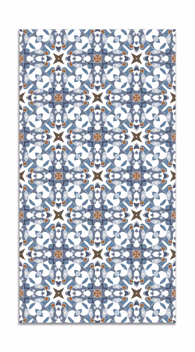 Alfombra vinílica de estilo oriental con diseño de azulejo hidráulico tipo mosaico en color azul, An/P: 60 x 200 cm