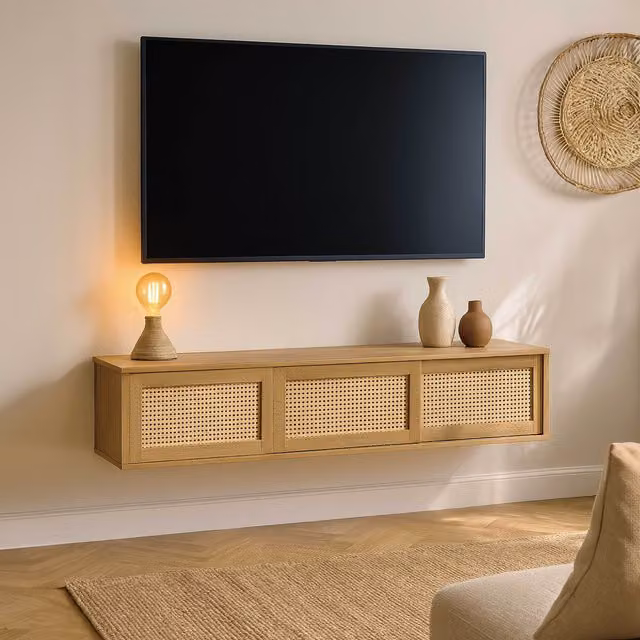 Mueble de TV de pared bohemio OVIALA en madera clara y ratán, color beige, An: 160 cm, Al: 30 cm, P: 30 cm