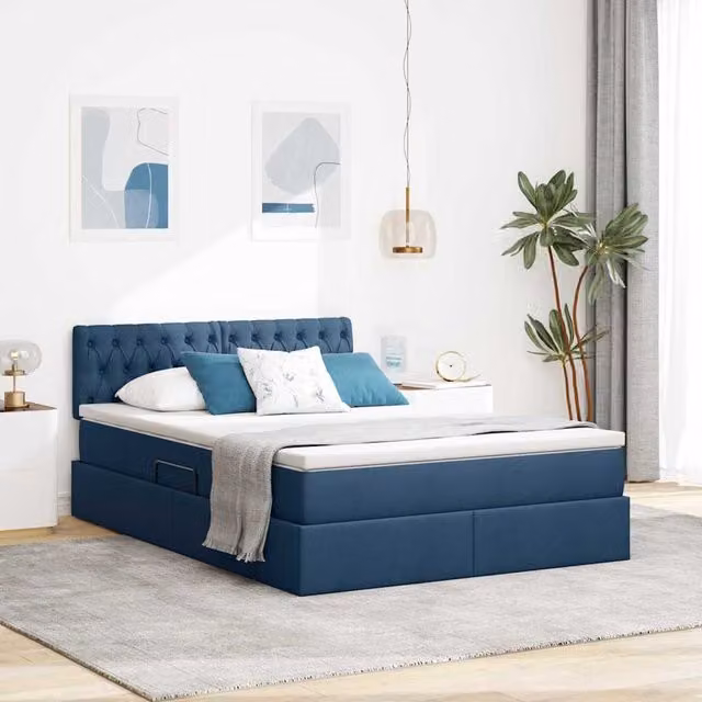 Cama con almacenamiento y colchón Maison Exclusive en terciopelo azul y blanco, An/P/Al: 140 x 200 x 48.5 cm