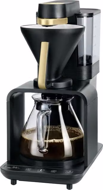 Cafetera de goteo Melitta EPOUR con función de preinfusión, depósito extraíble y jarra de cristal en color negro, plata y oro