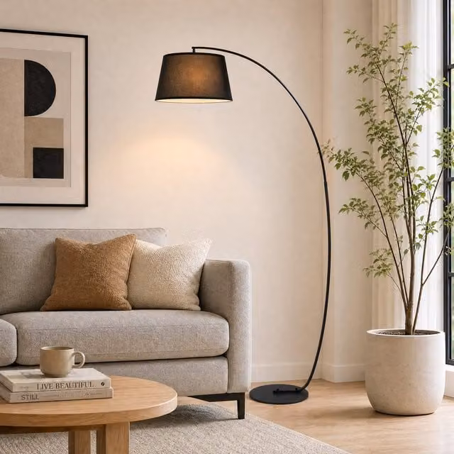 Lámpara de pie de arco Homcom con pantalla de tela negra y base de metal para salón, dormitorio u oficina, An/P/Al: 105 x 47 x 190 cm