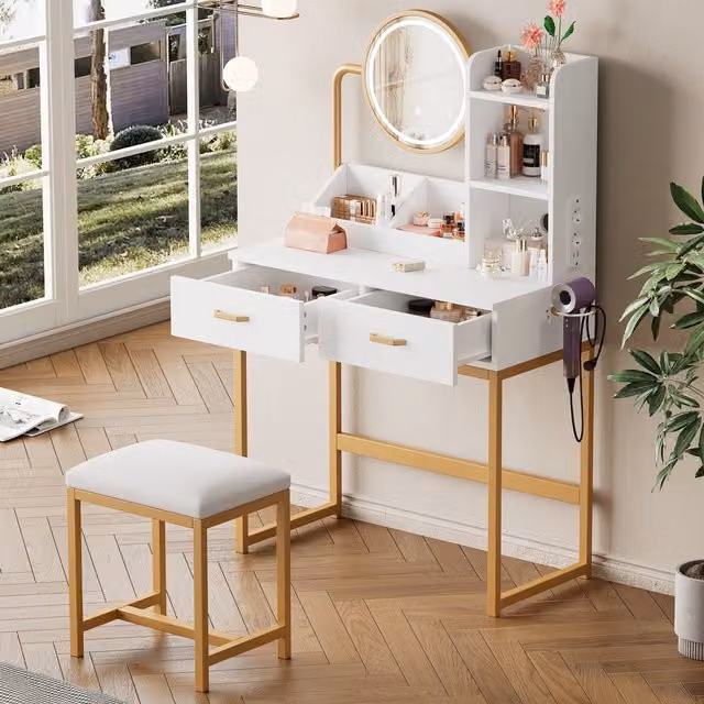 Tocador Moderno SOLKVUNZA con Espejo LED Giratorio, Enchufes Integrados y Taburete, Blanco y Dorado, An/P/Al: 80 x 40 x 138,5 cm