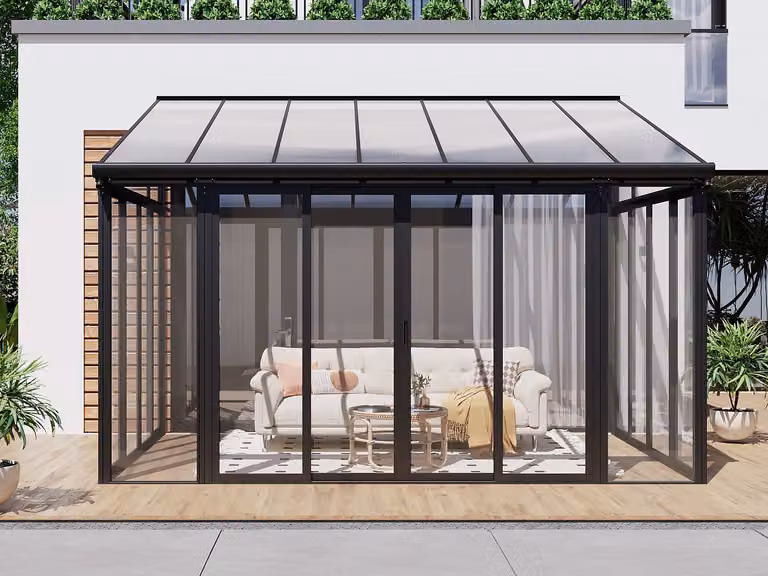 Veranda Mathilda de aluminio y policarbonato con protección UV, diseño moderno de color antracita para montaje en pared