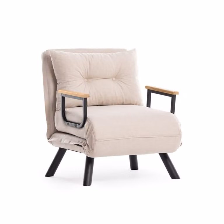 Sillón cama Calicosy de tela beige con estructura de metal y madera de haya y reposabrazos