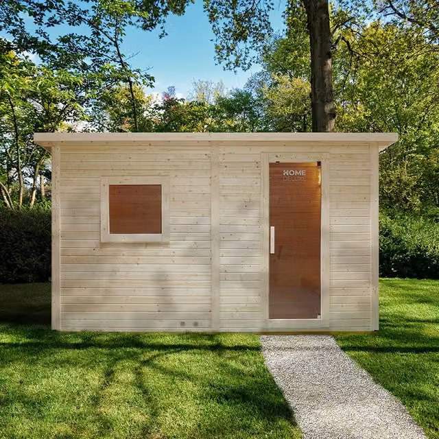 Sauna exterior con antesala Home Deluxe TALO XL de madera de abeto color beige para 5 personas An/P/Al: 400 x 217 cm