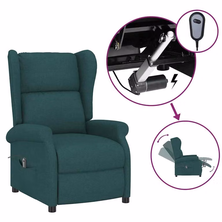 Sillón orejero reclinable eléctrico vidaXL en tela verde oscuro con estructura de madera y metal para tu salón