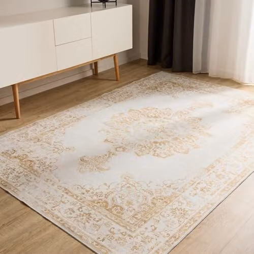 Alfombra Benuta Basic George de estilo vintage y diseño abstracto en color crema y amarillo, lavable y antideslizante, An/P: 160 x 230 cm