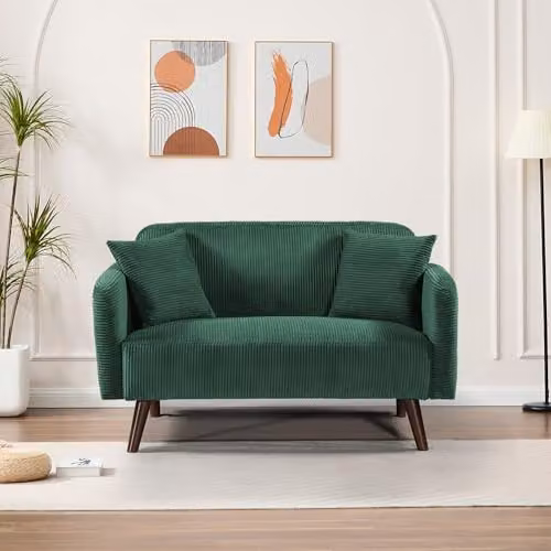 Sofá de 2 plazas Midt de en.casa, tapizado en pana verde con estructura de madera y 2 cojines, An/P/Al: 132 x 70 x 81 cm
