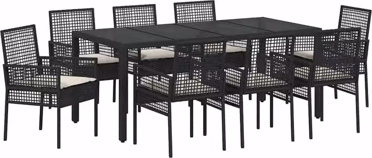 Conjunto de comedor de jardín Syfax de 9 piezas en ratán sintético y cristal color negro mate