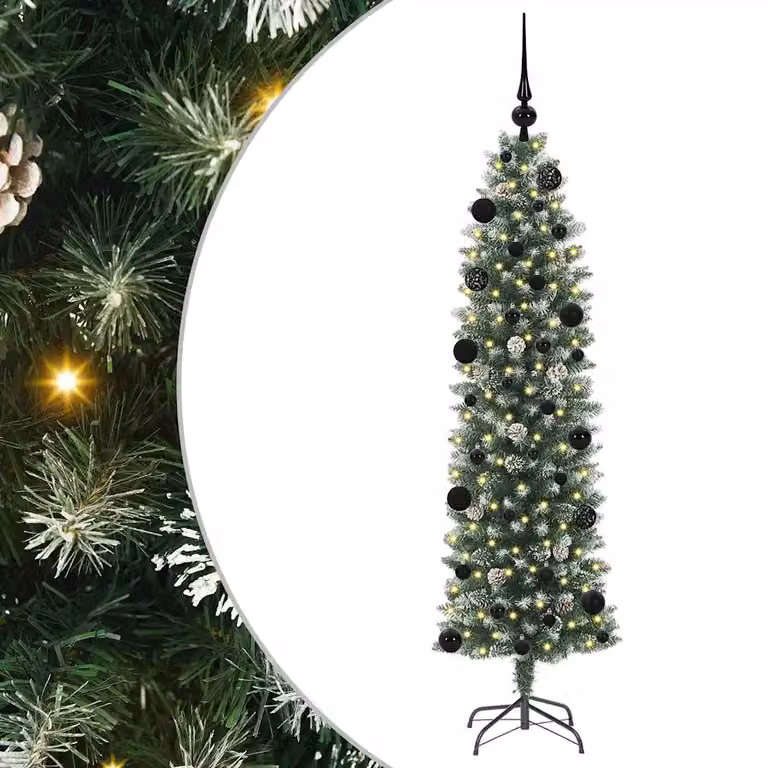 Árbol de Navidad artificial delgado vidaXL con luces LED blanco cálido, verde y blanco, Altura: 150 cm
