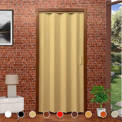 Kit de bricolaje para puerta plegable modelo Lorella en color beige o blanco, ajustable de 82 cm a 205 cm de ancho y 220 cm de altura para cortar y montar a medida